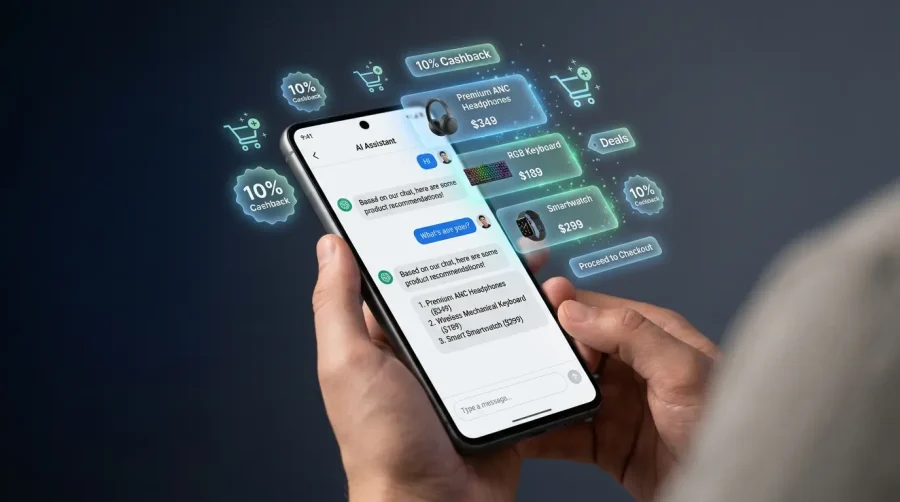 Интерфейс ChatGPT с плавающими предложениями кэшбэка и элементами покупок в современной цифровой коммерции