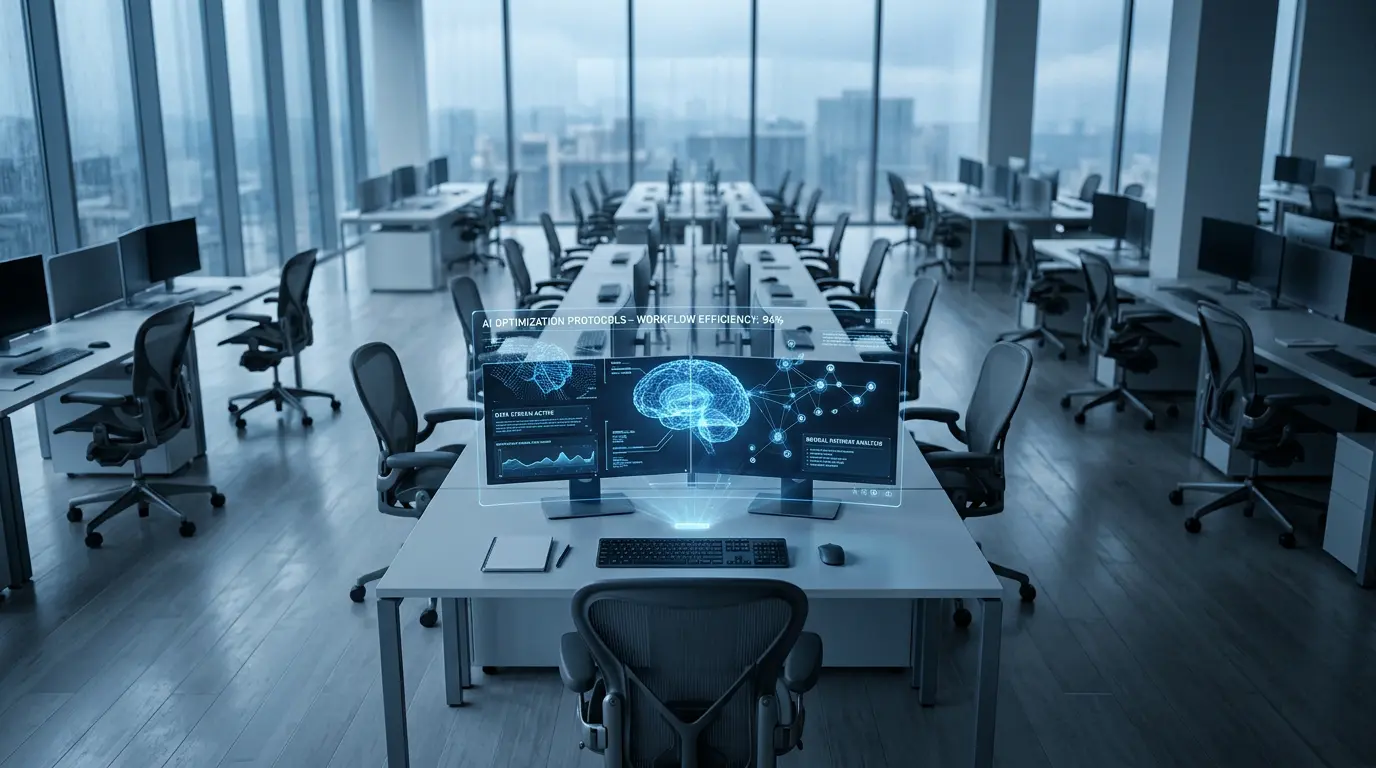 Empty office desks with AI interface display, representing workforce automation and technology-driven restructuring