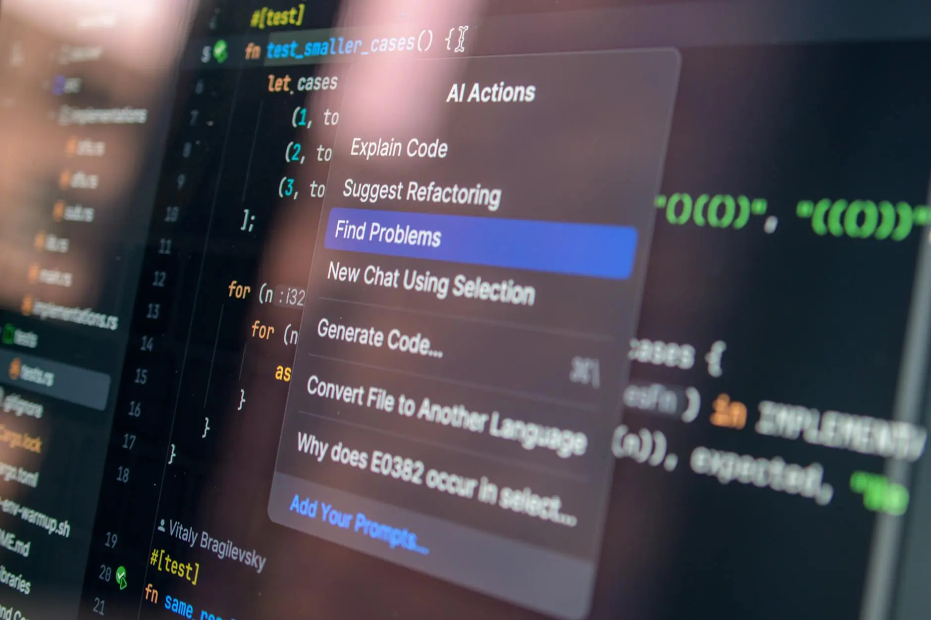 Screenshot showing coding interface with AI actions menu for code assistance.