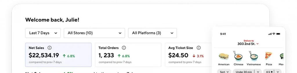 DoorDash merchant dashboard displaying sales data and restaurant categories.