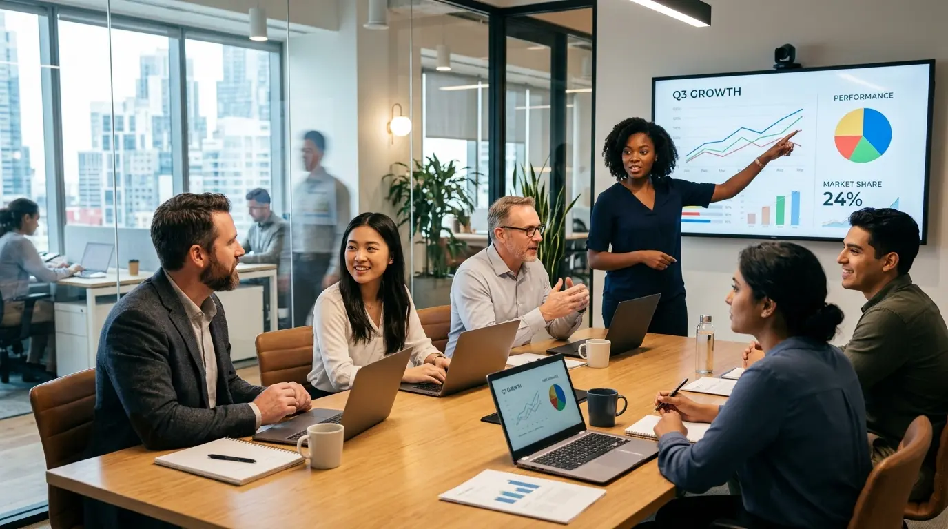 Diverse employees collaborating around conference table reviewing performance data in modern office