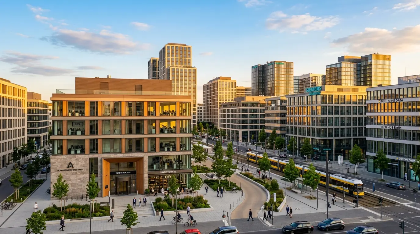 Modern European business district showing mid-sized office buildings representing growth-stage companies