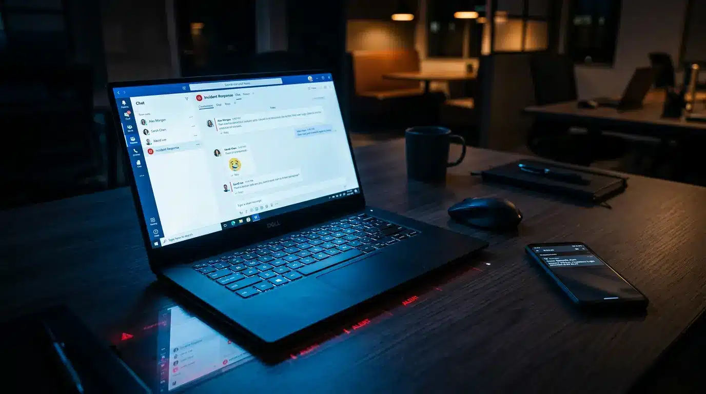 Laptop showing Microsoft Teams with warning indicators in moody office lighting