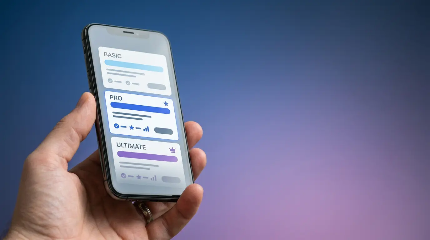 Smartphone displaying subscription management interface with multiple tiered pricing options on screen