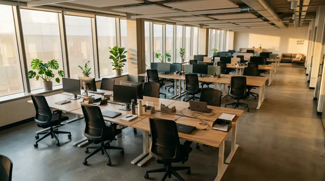 Empty office desks and chairs in modern small business workspace with natural lighting