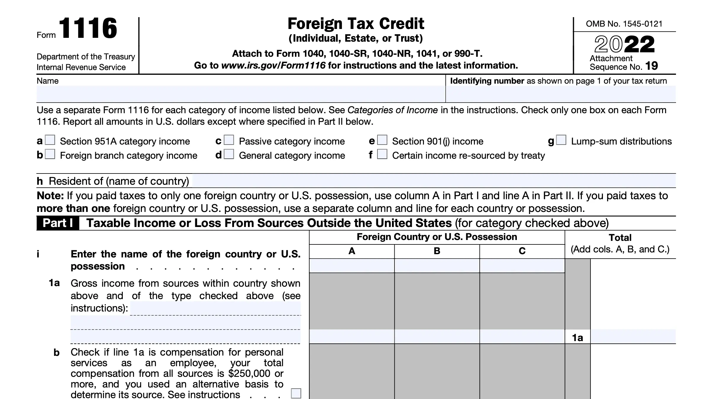 IRS Form 1116 for Foreign Tax Credit with sections for taxable income.