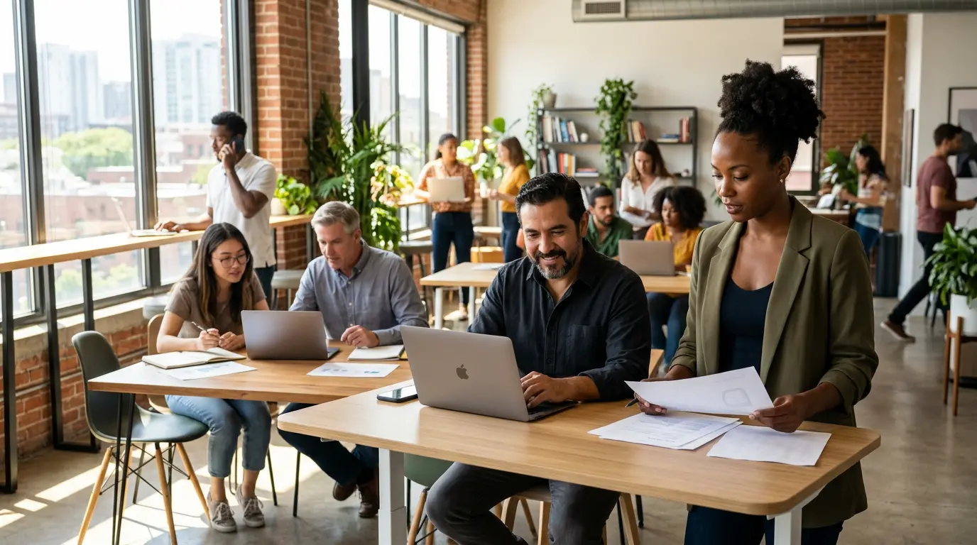 Diverse entrepreneurs collaborating in modern coworking space representing small business formation trends