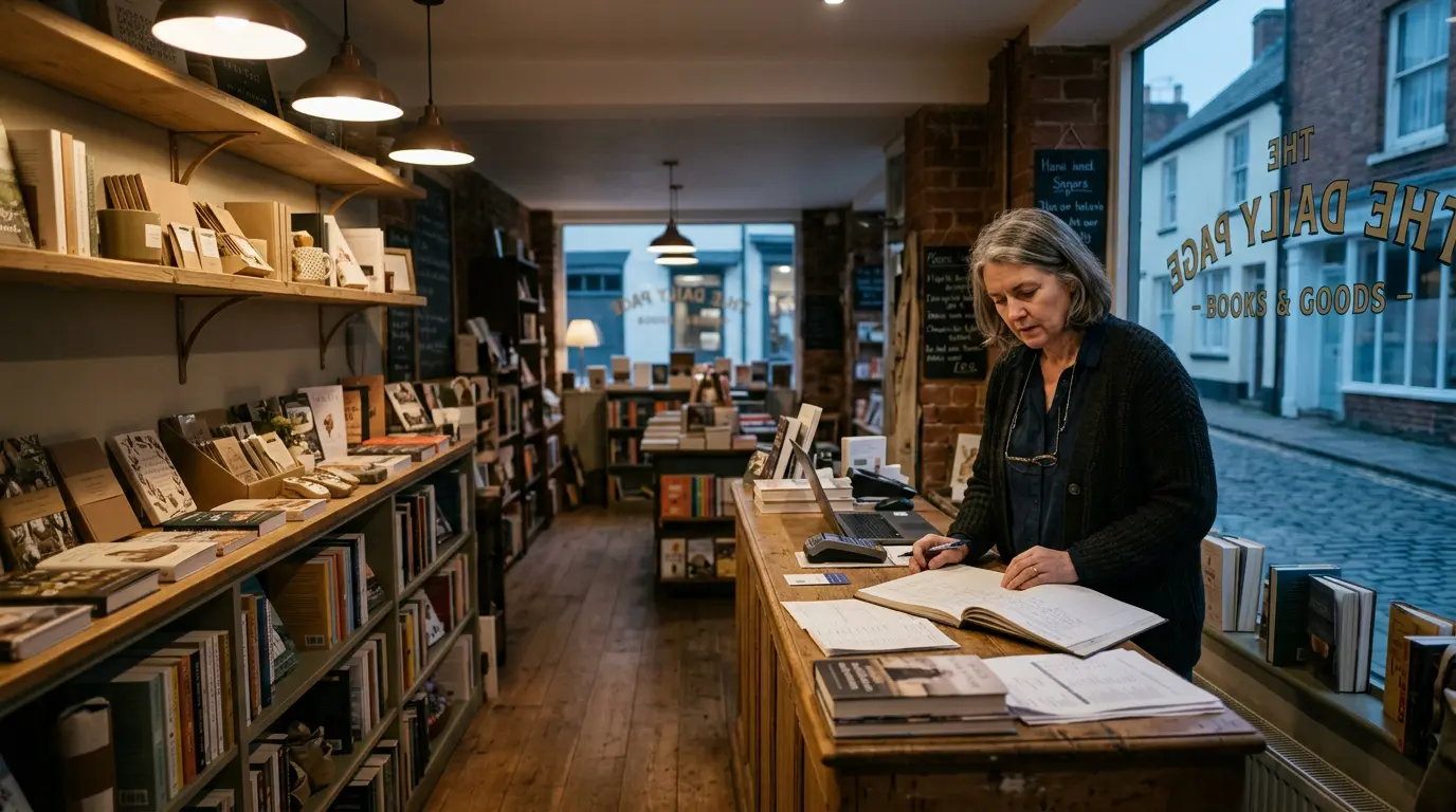 Small business owner reviewing financial documents in independent retail shop interior