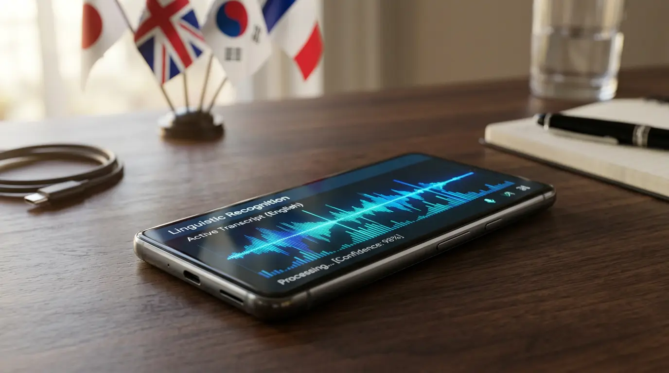 Smartphone displaying real-time voice translation audio waveforms with international context in background