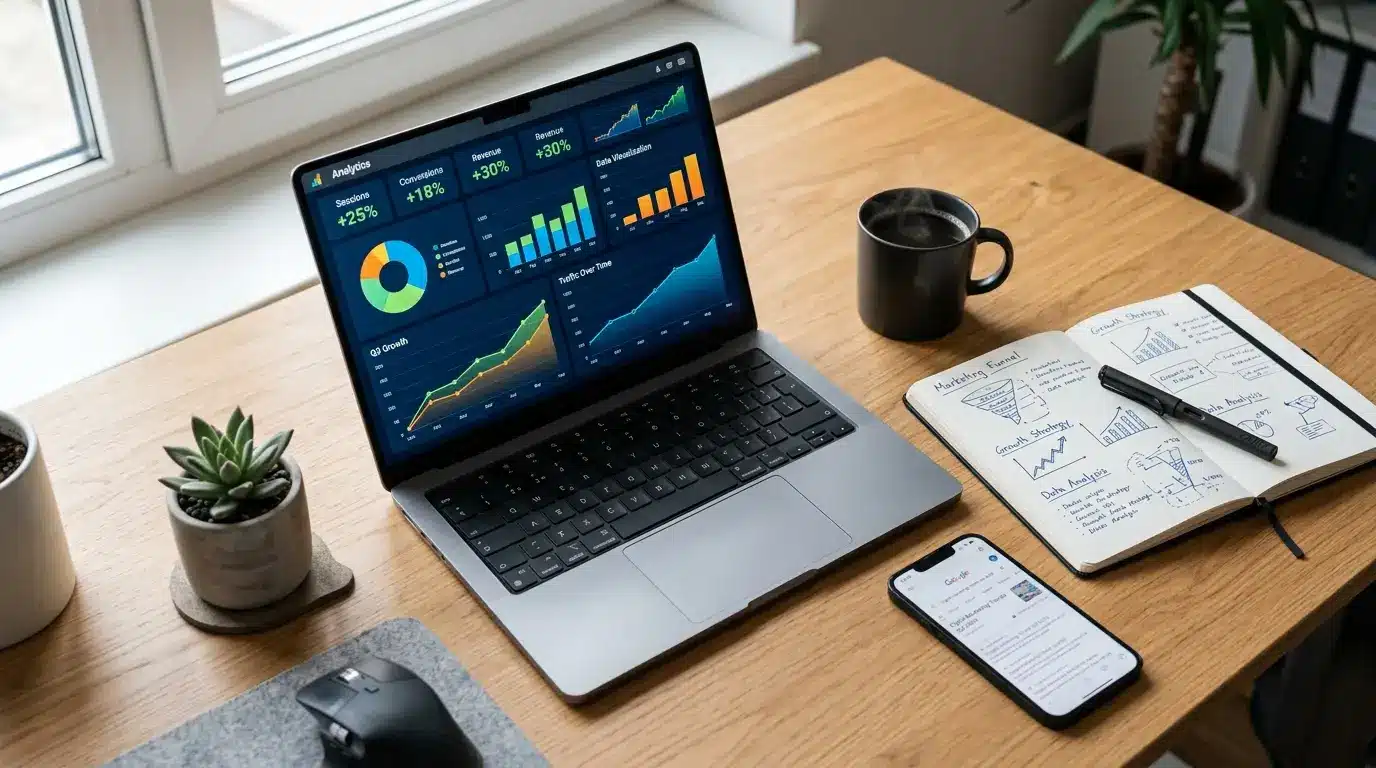Laptop displaying analytics dashboard with rising traffic graphs and marketing data on modern office desk