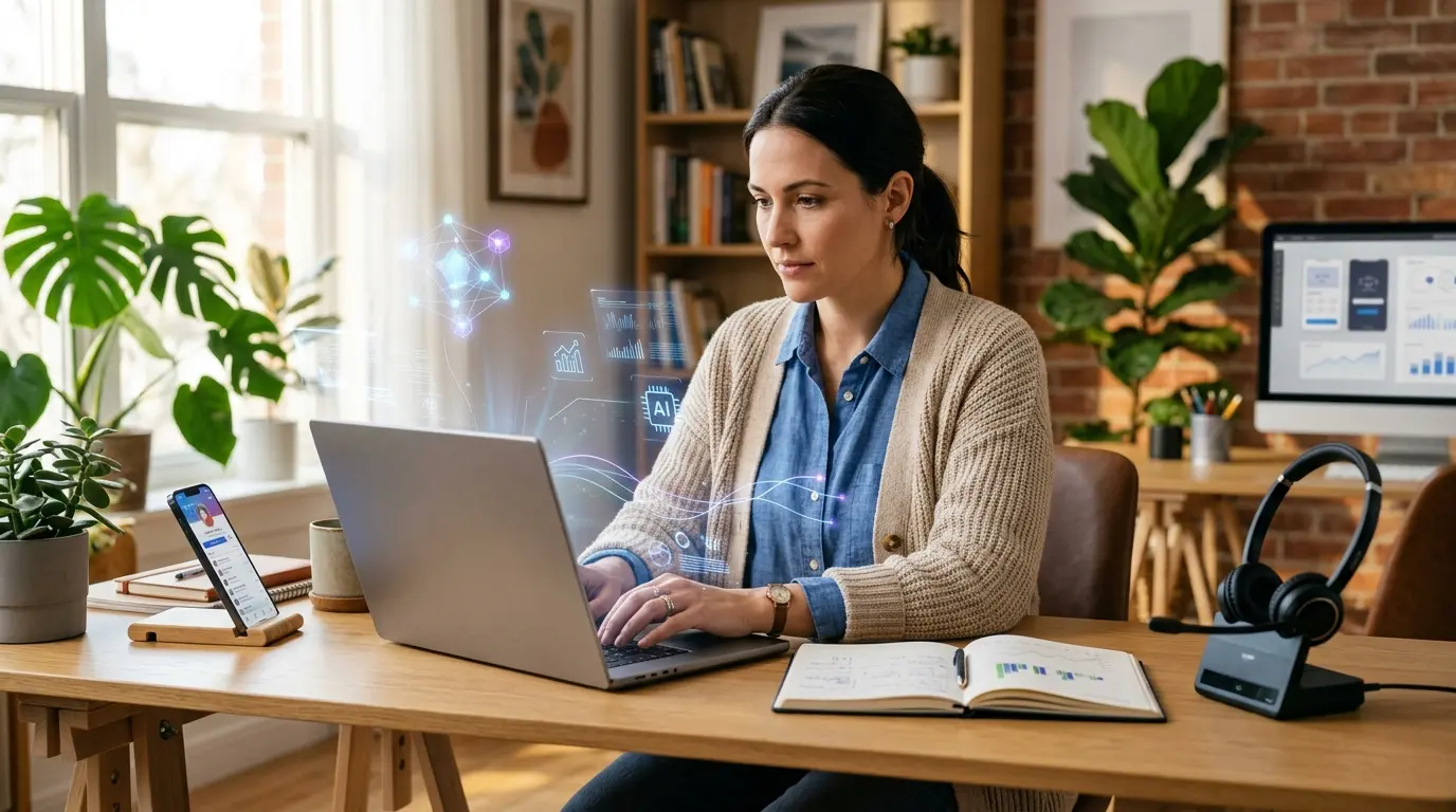 Small business owner using AI tools at desk in modern home office with holographic interface elements
