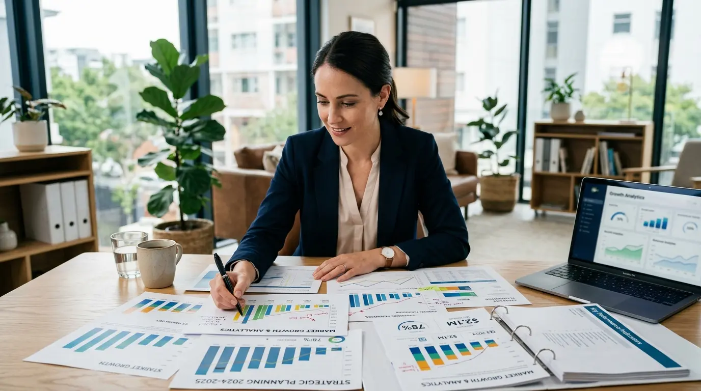 Small business owner reviewing 2026 planning documents with statistical charts and analytics