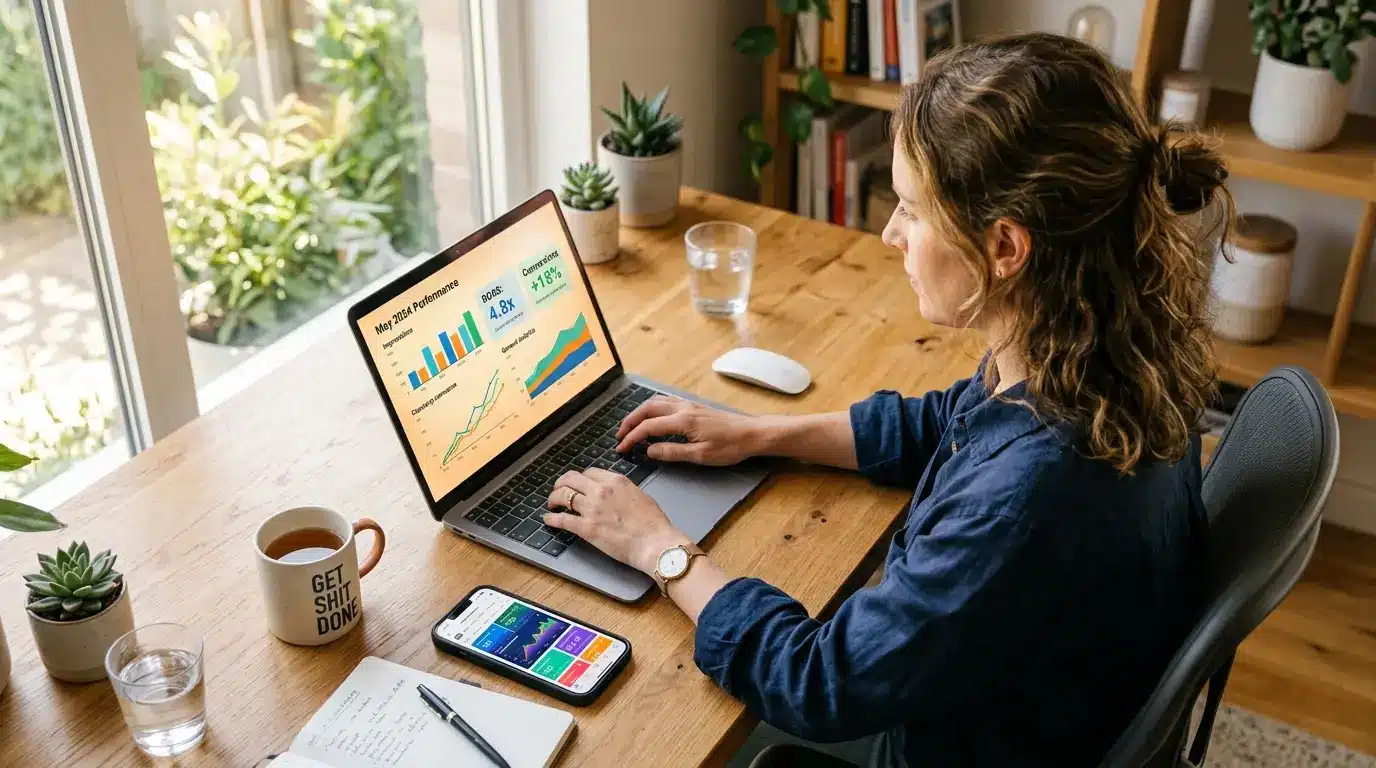 Small business owner reviewing digital advertising metrics on laptop and smartphone at desk