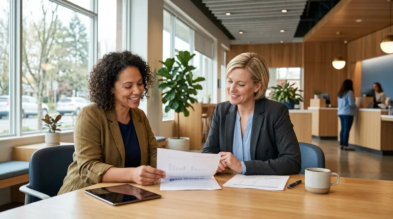 Small business owner meeting with bank relationship manager in modern community bank branch