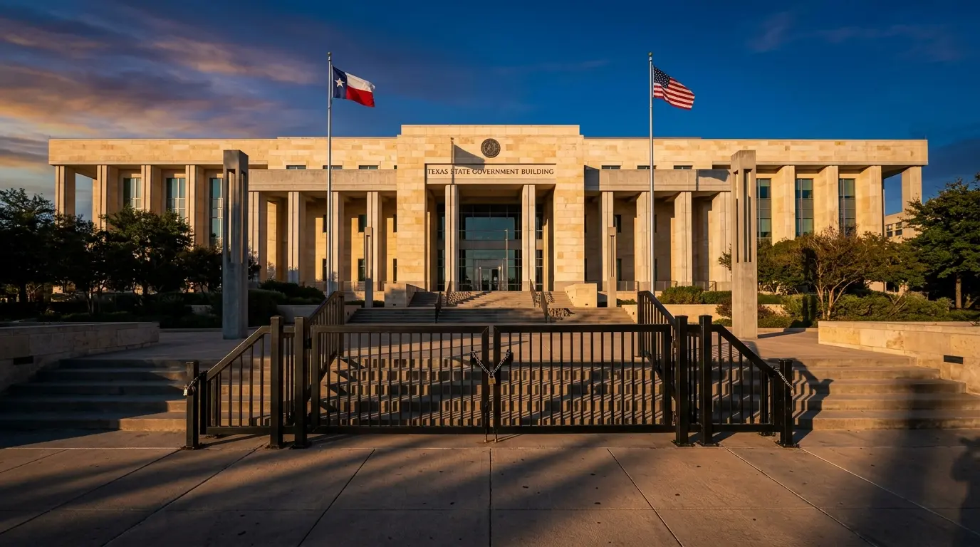 Closed barrier gate in front of Texas government building entrance symbolizing restricted procurement access