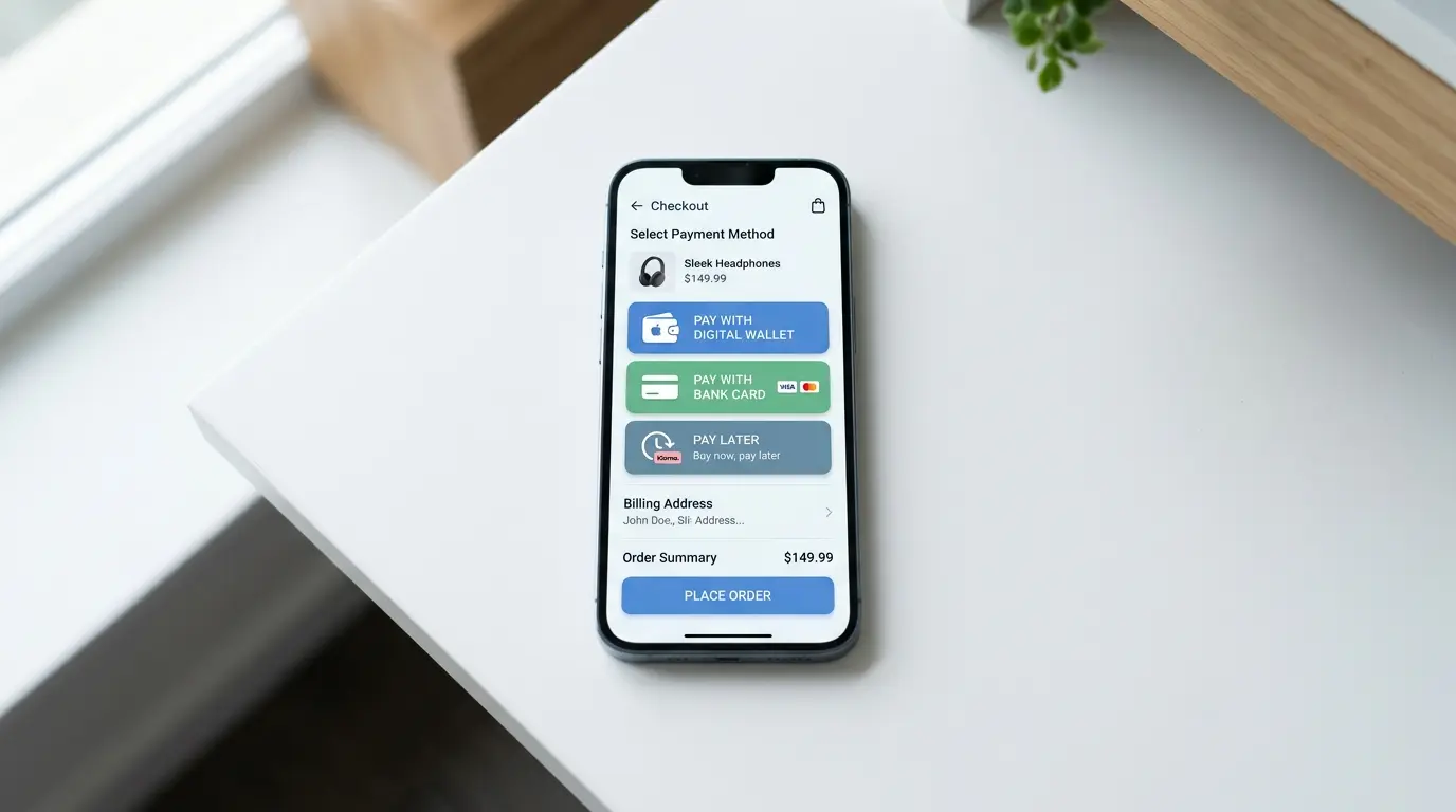 Smartphone displaying multiple payment options at e-commerce checkout interface