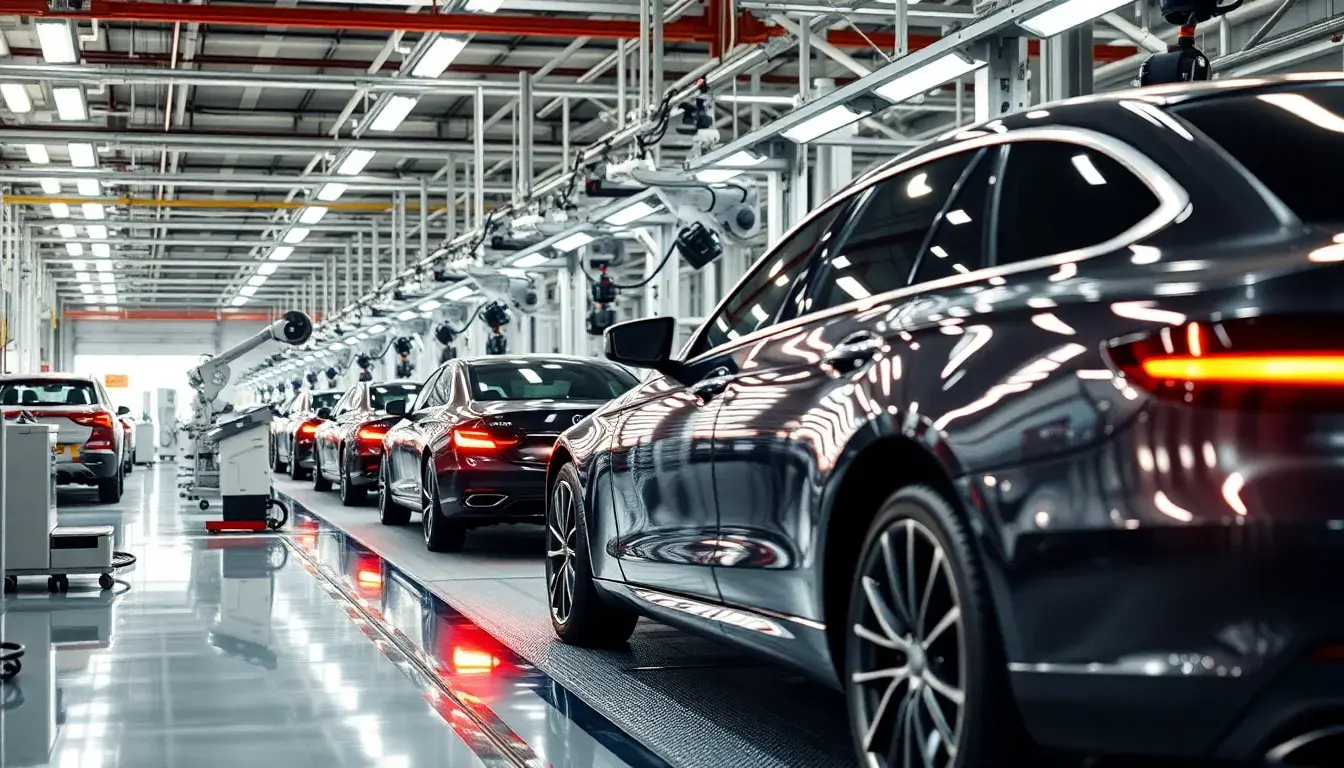 A production line with luxury cars being assembled in a modern factory.