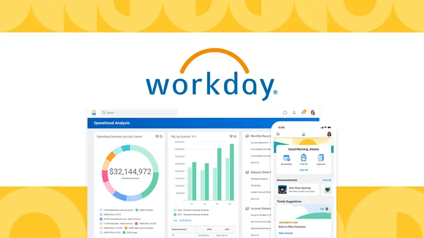 Workday software interface displaying financial analysis on a laptop screen.