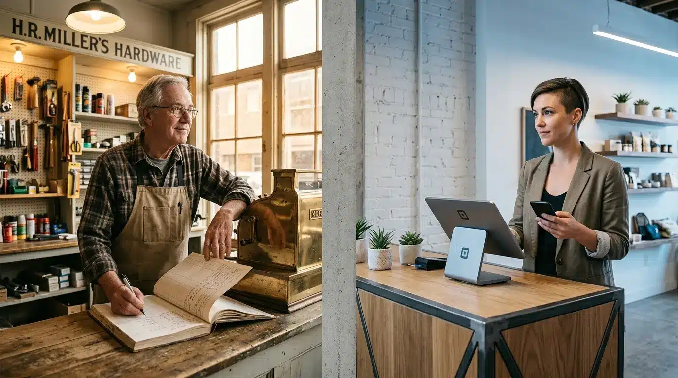Generational contrast between traditional boomer business owner and modern millennial entrepreneur