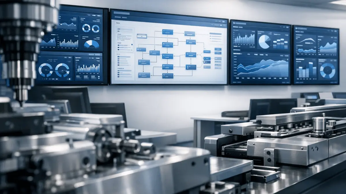 Modern business dashboard monitors displaying real-time operational data alongside precision manufacturing equipment