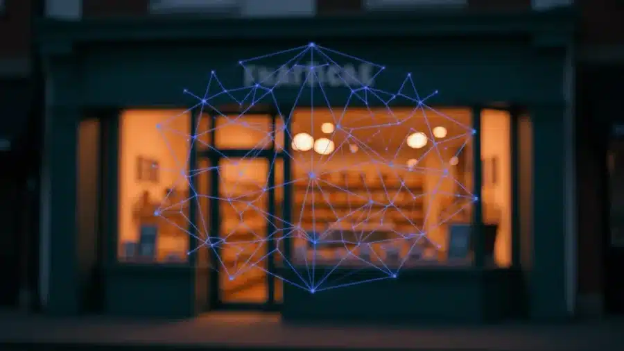 AI visualization blocking view of small business storefront representing algorithmic purchasing barriers
