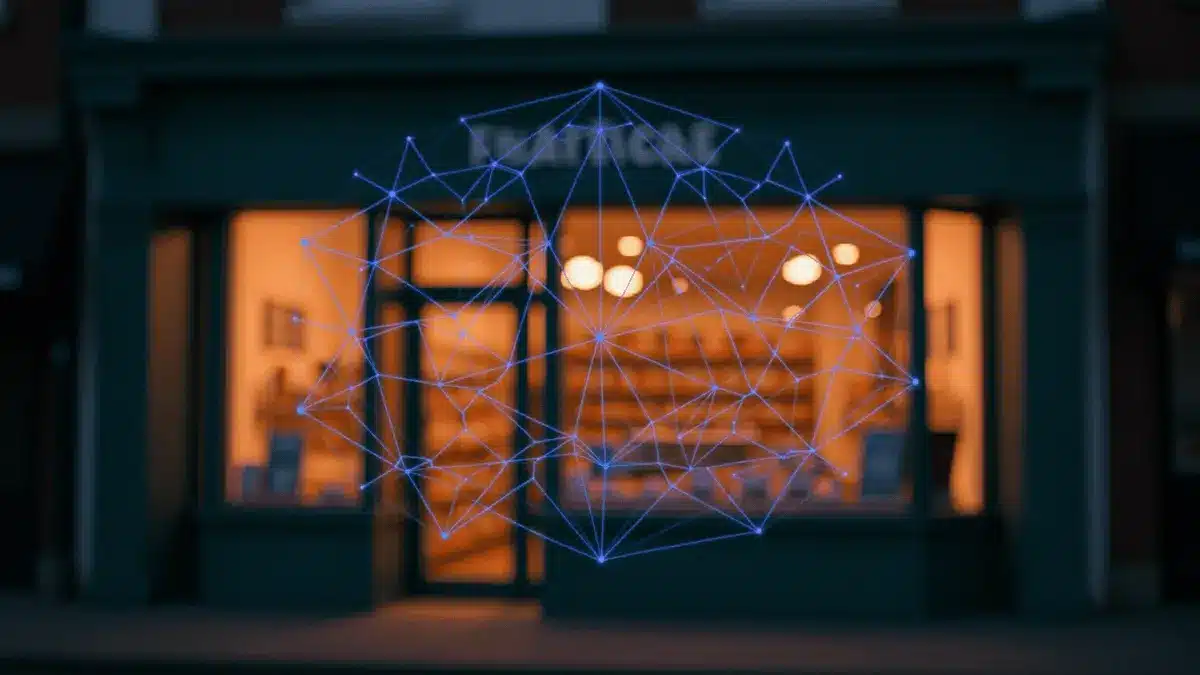 AI visualization blocking view of small business storefront representing algorithmic purchasing barriers