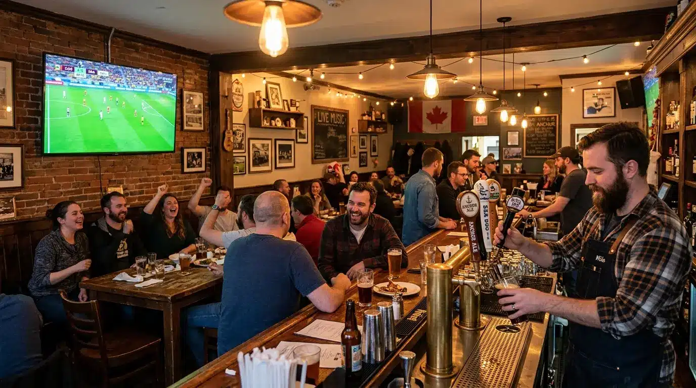 Independent Canadian bar interior with patrons watching soccer on TV screen during evening service