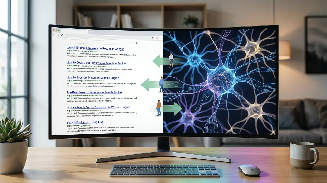 Split view comparing traditional search results with AI-generated search interface
