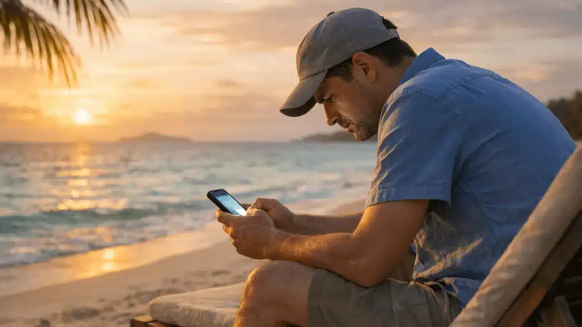 Person checking work phone while on beach vacation, unable to disconnect from work during time off