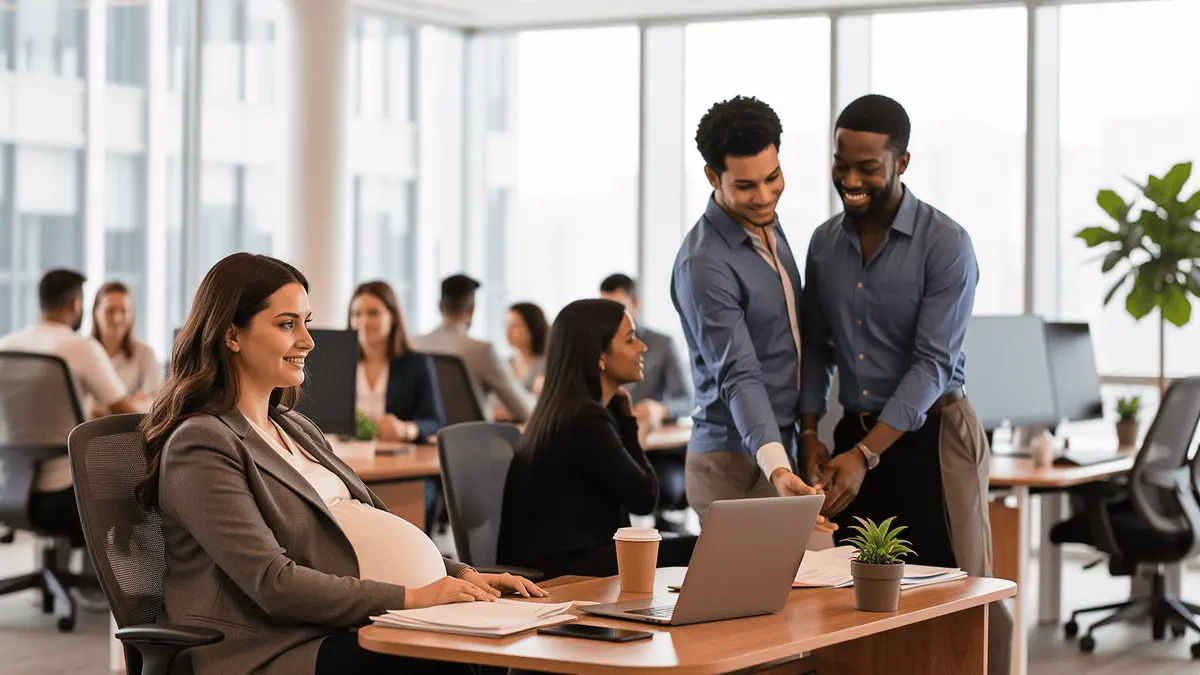 Diverse professionals working in modern supportive office environment with inclusive workplace culture
