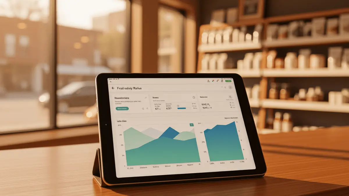 Tablet displaying business analytics dashboard on small business store counter with natural lighting