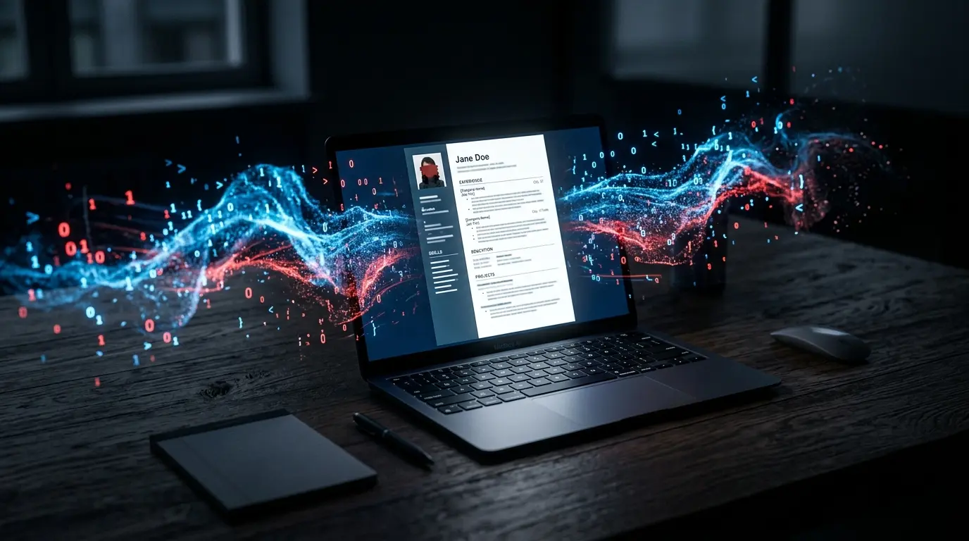 Laptop displaying resume with digital data streams leaking into darkness representing job platform privacy risks