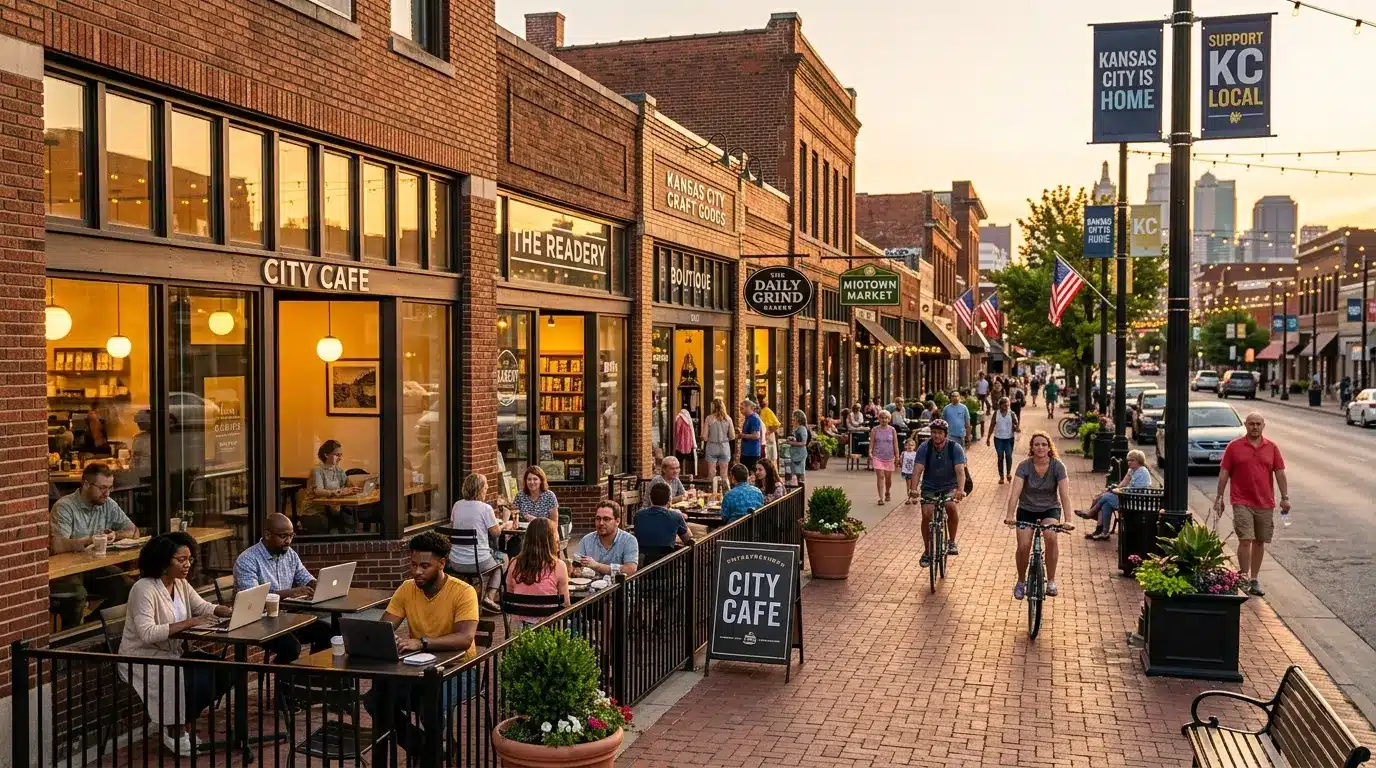 Small business storefronts on Kansas City street with entrepreneurs and pedestrians during golden hour
