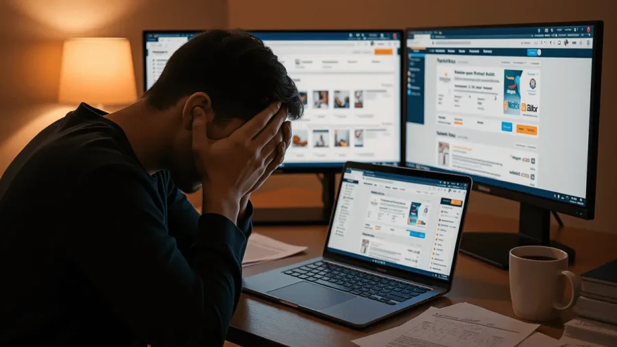 Overwhelmed e-commerce seller managing multiple marketplace dashboards simultaneously