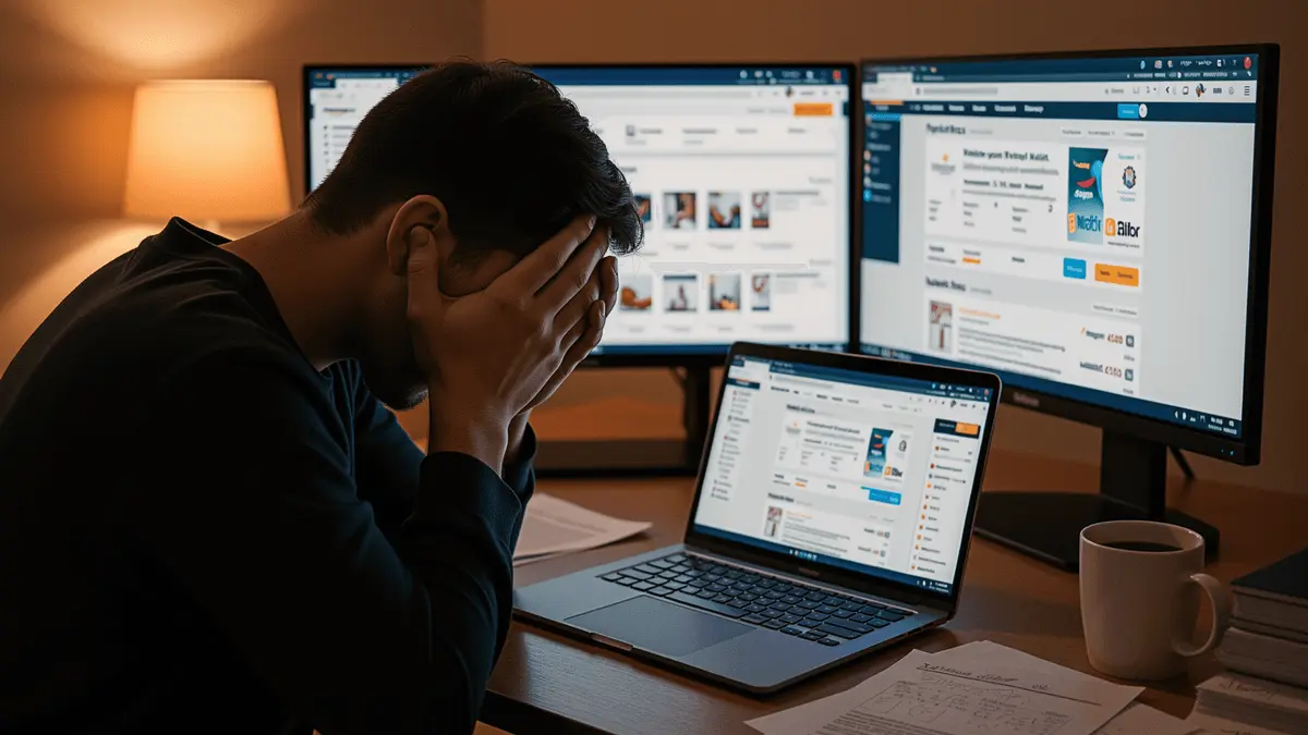Overwhelmed e-commerce seller managing multiple marketplace dashboards simultaneously