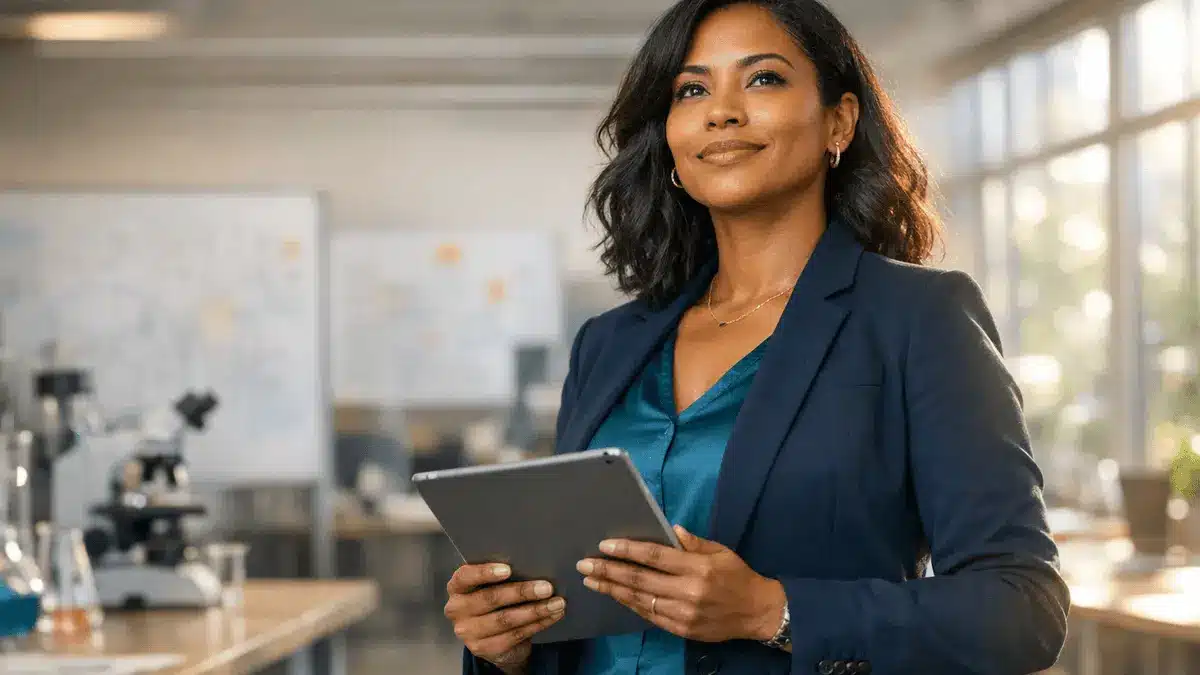 Diverse female entrepreneur in modern innovation workspace reviewing business plans
