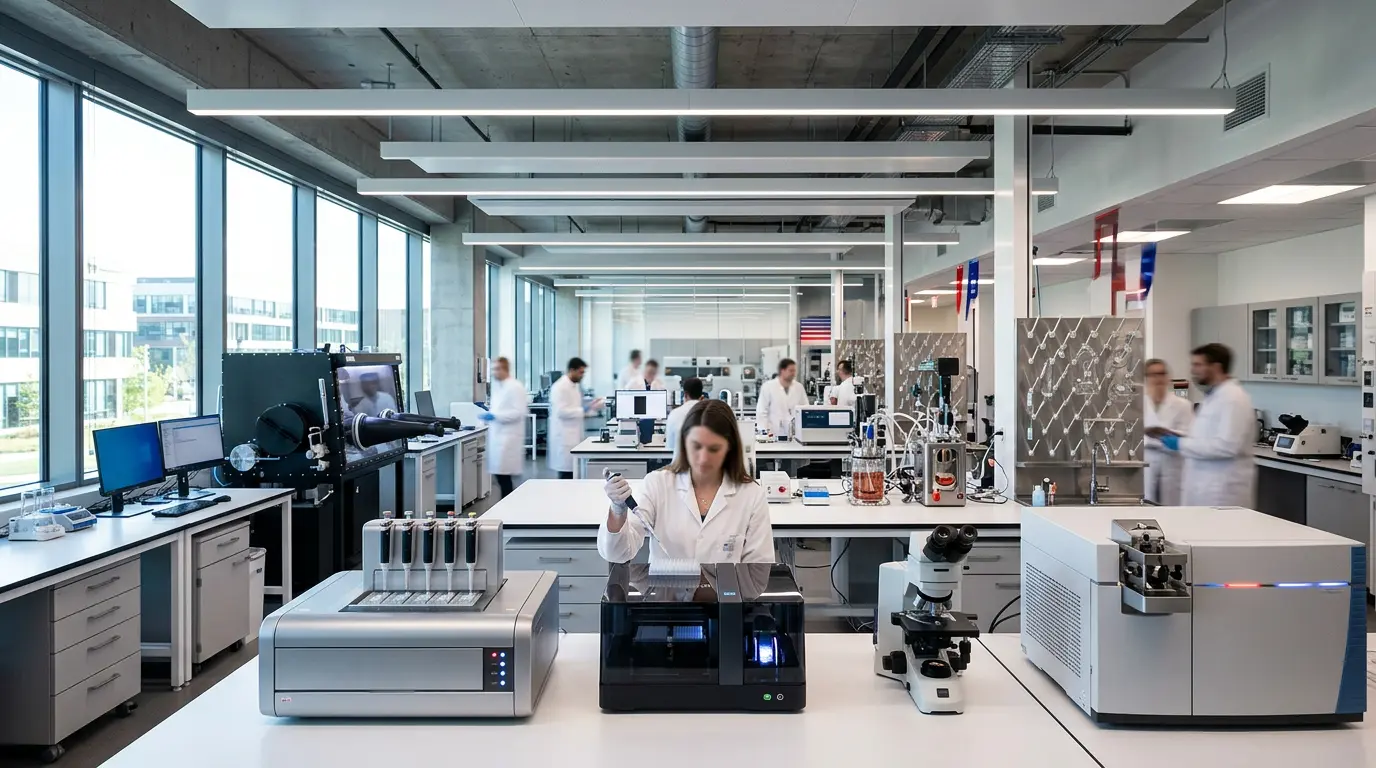 Modern deep-tech laboratory with advanced scientific instruments and researchers collaborating