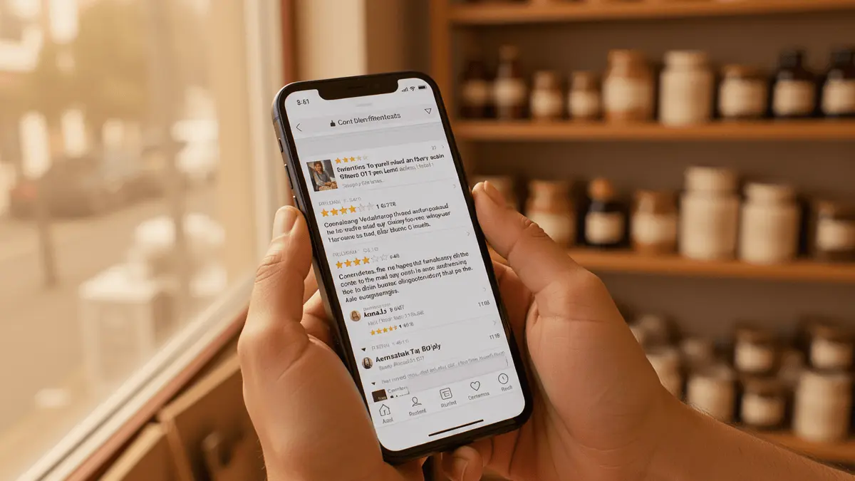 Shopper checking product reviews on smartphone in small independent retail store