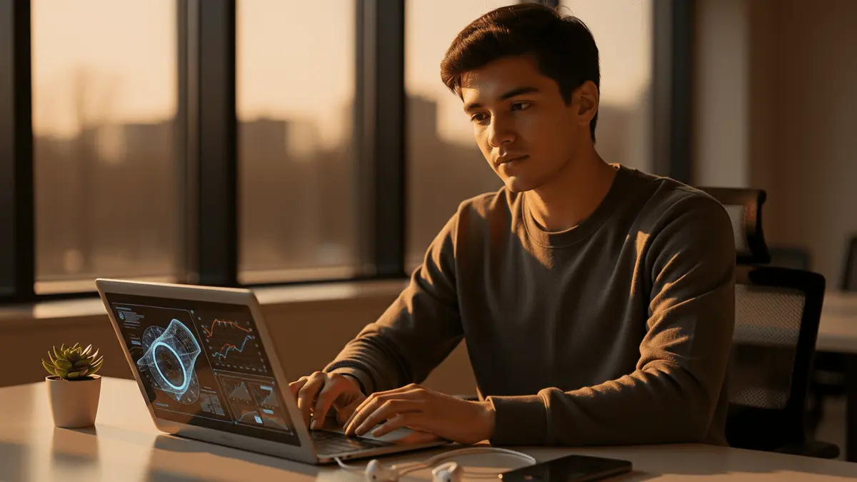 Young Gen Z entrepreneur working on laptop with AI interface in modern minimalist workspace