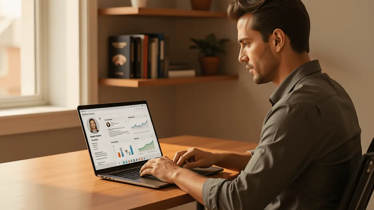 Small business owner reviewing AI hiring tools on laptop at modern office desk
