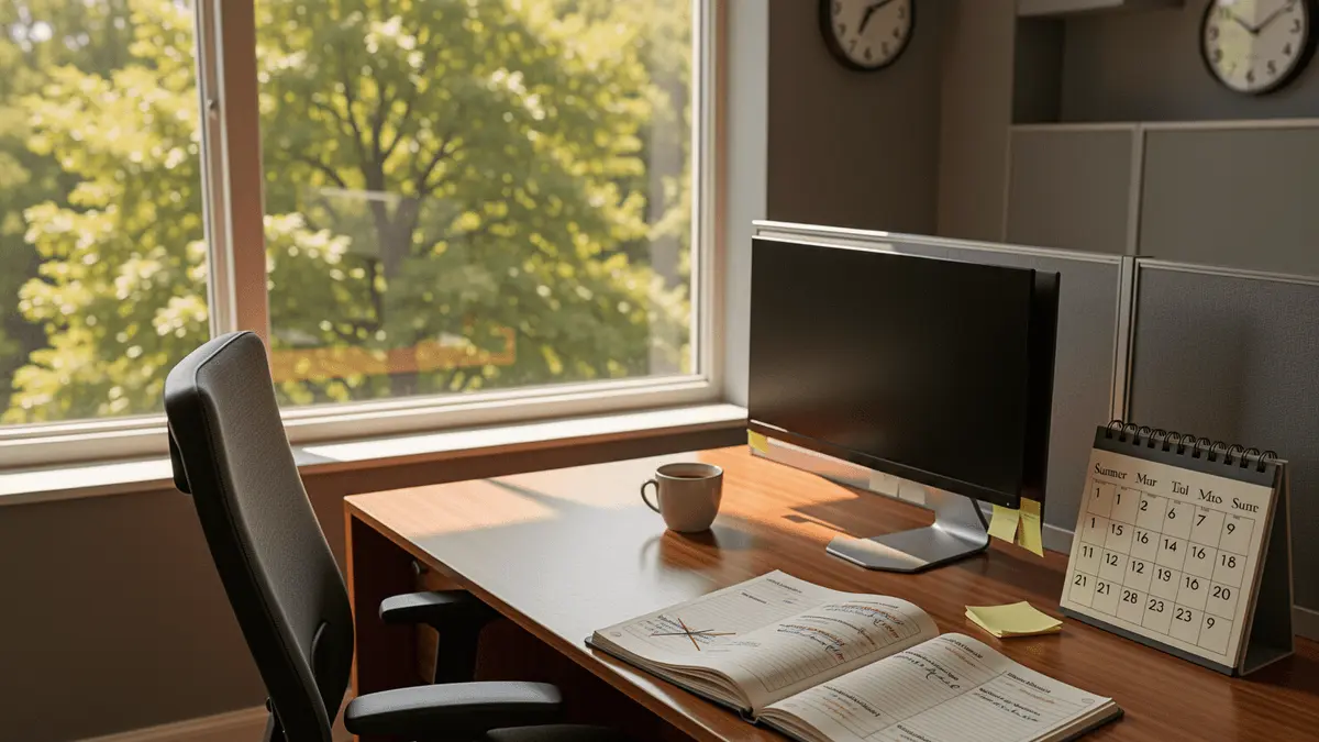 Empty office desk with summer calendar and window showing bright daylight, representing workplace scheduling disruptions