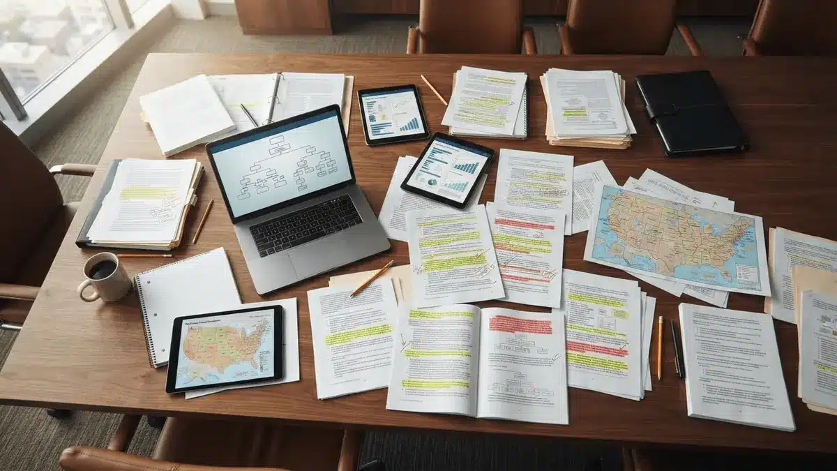 Overhead view of legal documents and compliance materials scattered on boardroom table with digital devices