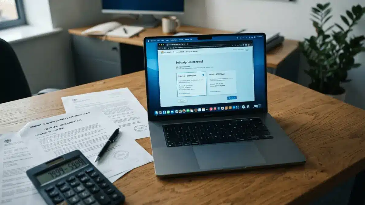 Office desk with laptop showing Microsoft 365 pricing screen and CMA investigation documents