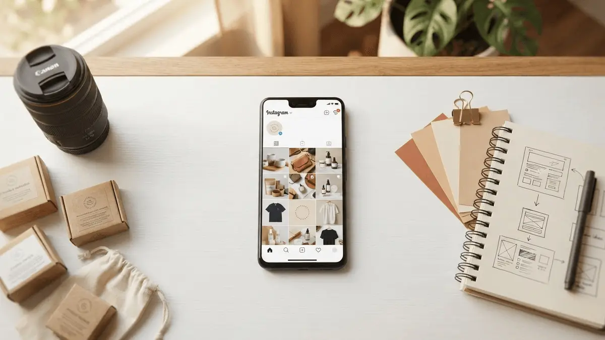 Small business workspace with Instagram app and professional product photography tools on desk