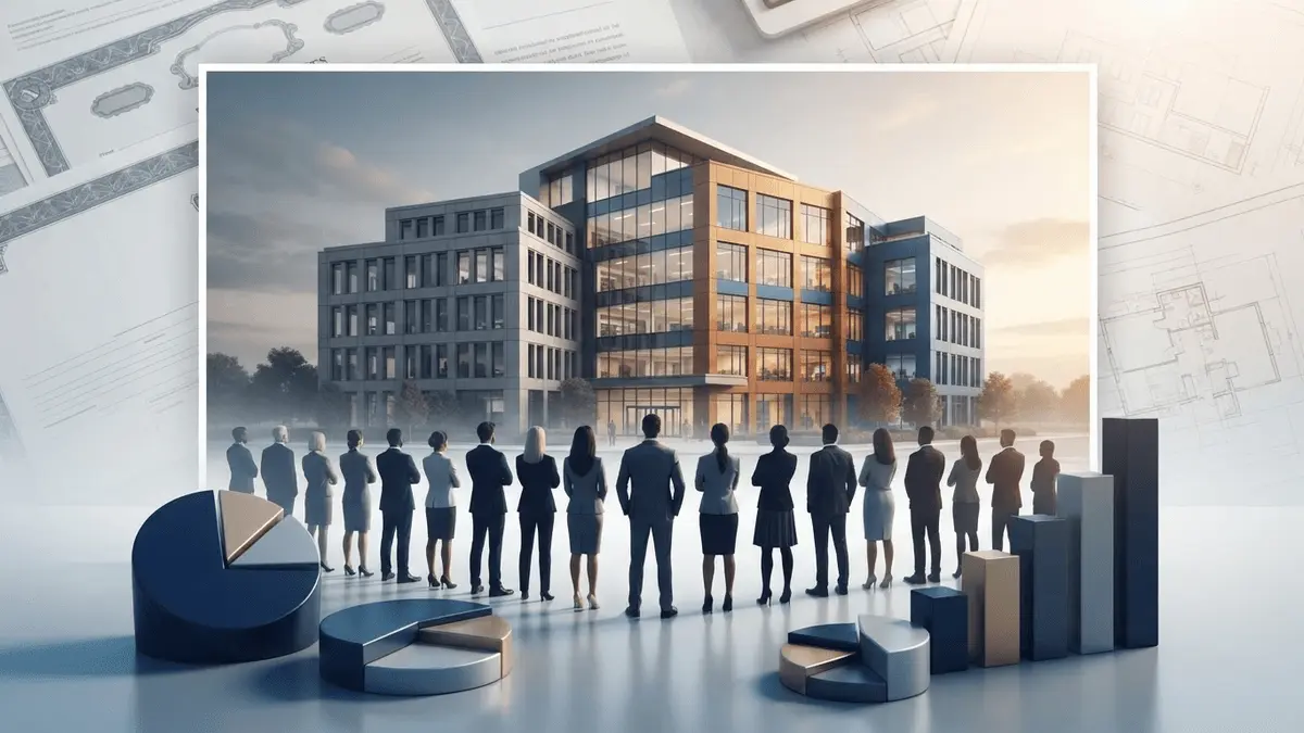 Modern office building transitioning to employee ownership with abstract financial graphics and professional silhouettes