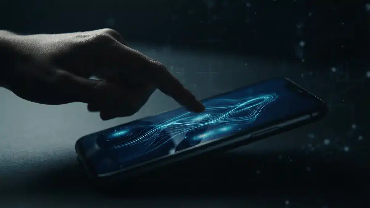 Biometric security visualization on smartphone showing behavioral analysis patterns in blue light