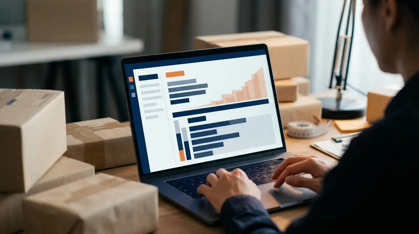 Small business ecommerce workspace with an abstract advertising auction display and shipping boxes