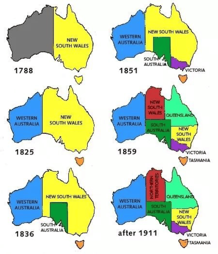 ▲澳洲殖民地各州逐渐成立，最初的新南威尔士州管辖澳洲主要人口分布地